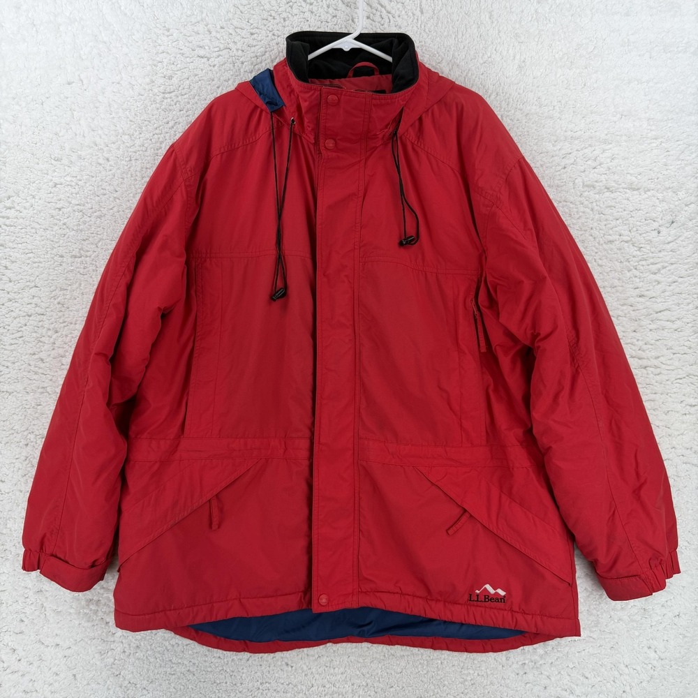 LL Bean Mens XL Red Hooded Nylon Parka Insulated Outdoor Jacket OHJ98 Vintage